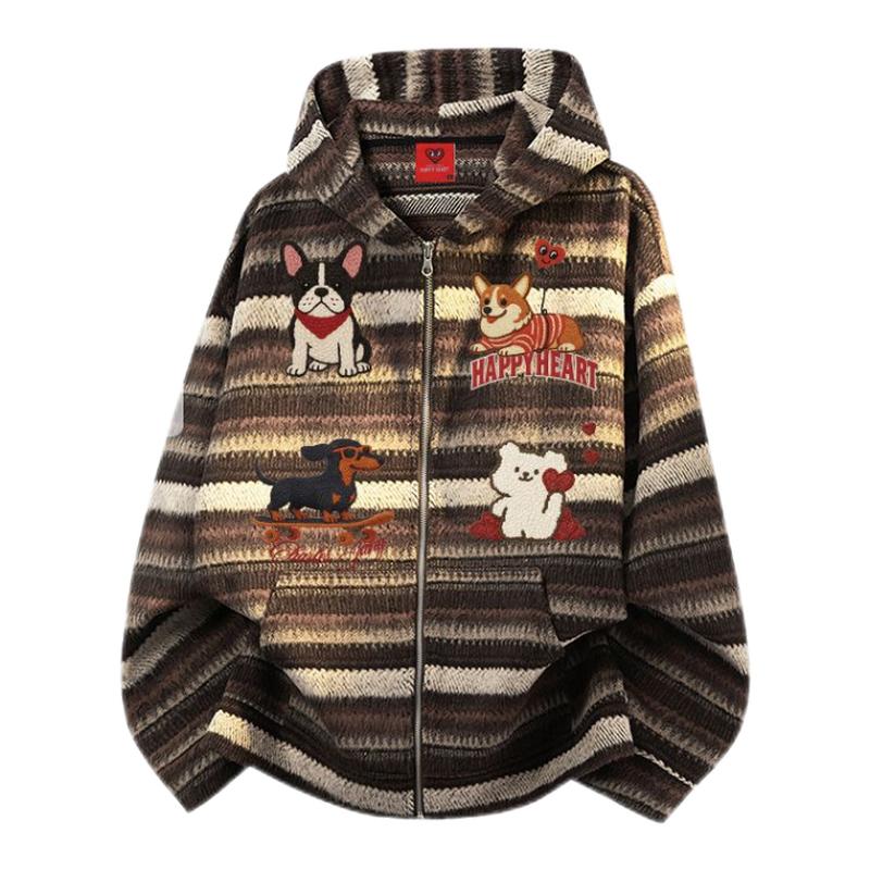 查尔斯桃心慵懒小狗加绒加厚开衫卫衣男宽松