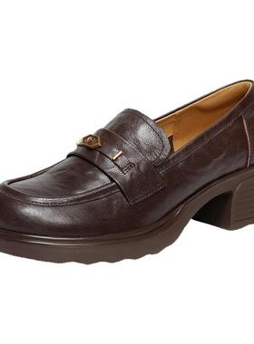 百丽复古抓皱面乐福鞋女26春新款商场同款真皮乐福鞋子L8032AA6