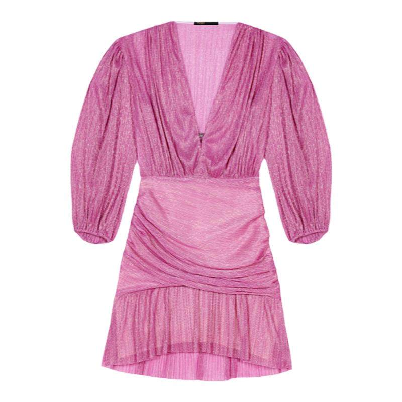 Maje春夏女装法式时尚玫红色荷叶边裙摆V领收腰短款七分袖连衣裙