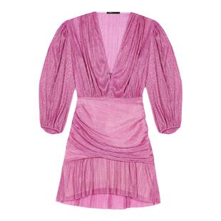 七分袖 Maje春夏女装 玫红色荷叶边裙摆V领收腰短款 时尚 连衣裙 法式