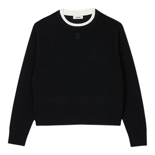 末6折SANDRO2025秋冬款 针织衫 女装 黑色撞色圆领高腰长袖 法式 季