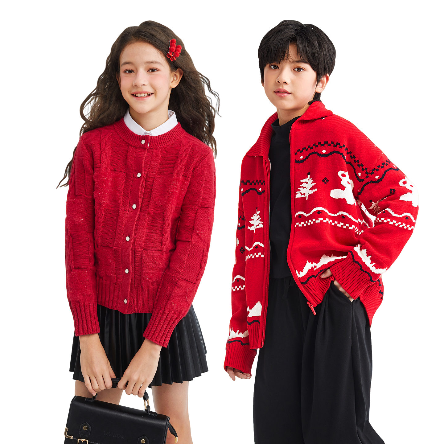 水孩儿女童毛衣2025秋冬装新品圆领针织衫新年红色男童开衫外套y
