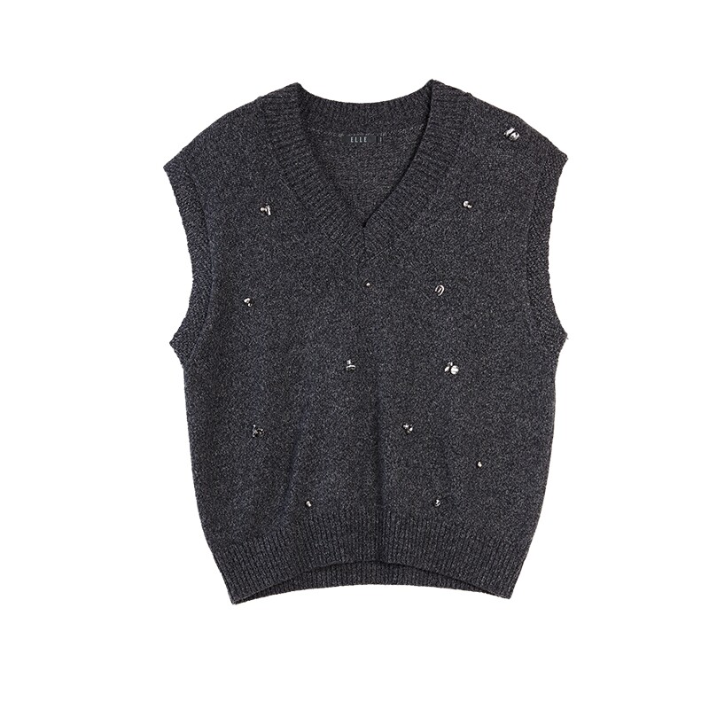 ELLE摩登重工绵羊毛钉钻针织马甲女2025冬新款设计感通勤马夹上衣