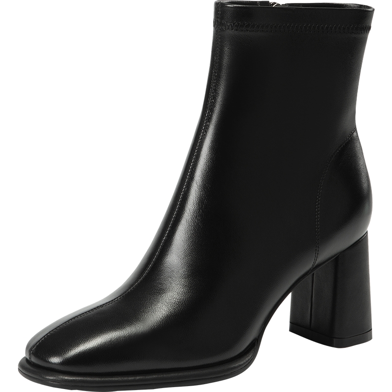 沙驰时装靴粗跟女靴圆头侧拉链