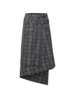 【明星同款】R13 复古做旧格纹不对称交叉裹身式半裙