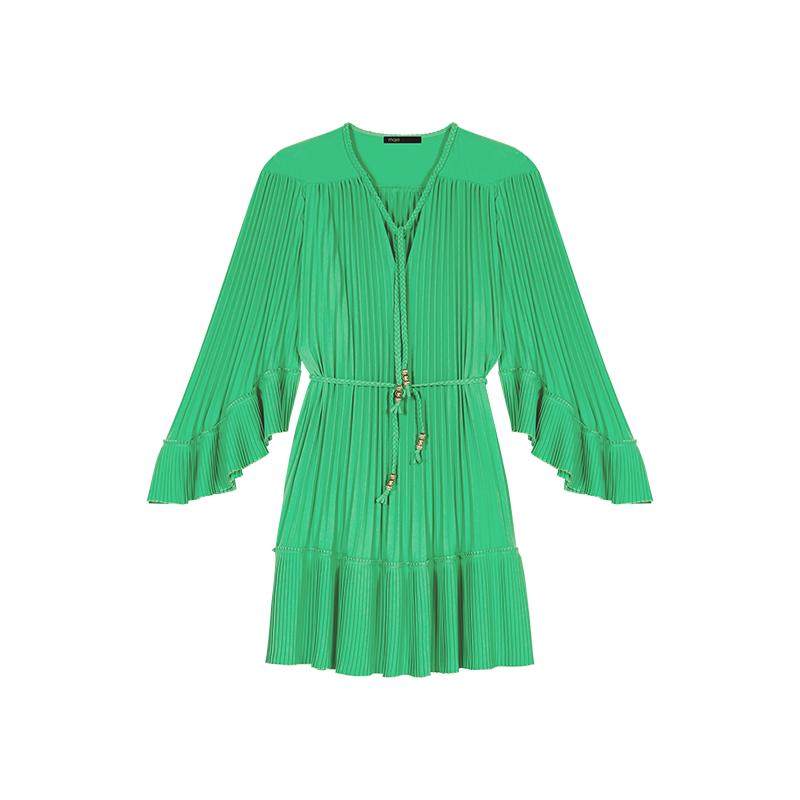 Maje2025春夏女装法式时尚绿色小V领荷叶边短款长袖百褶连衣裙