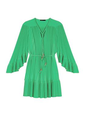 Maje2025春夏女装法式时尚绿色小V领荷叶边短款长袖百褶连衣裙