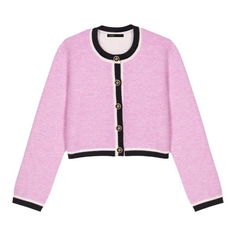 Maje秋冬女装法式时尚撞色饰边粉色圆领短款修身长袖针织开衫上衣,女装/女士精品,毛针织衫,淘宝优惠券,粉丝福利购,淘宝优惠卷