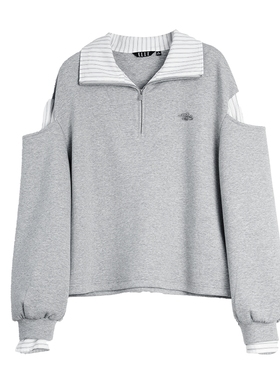 ELLE灰色格雷系格纹拼接卫衣女2025秋季新款套头休闲通勤独特上衣