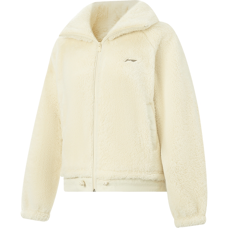 李宁外套女秋冬新款摇粒绒翻领夹克加绒保暖针织上衣学院风运动服