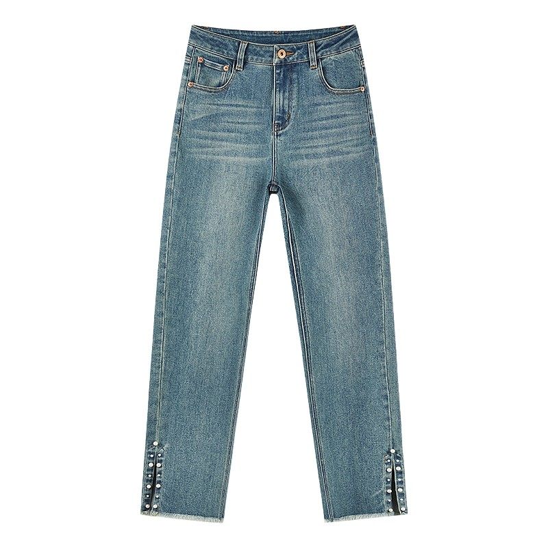 秋水伊人简约直筒裤珍珠开叉脚口设计2026年春季新款女气质牛仔裤,女装/女士精品,牛仔裤,淘宝优惠券,粉丝福利购,淘宝优惠卷
