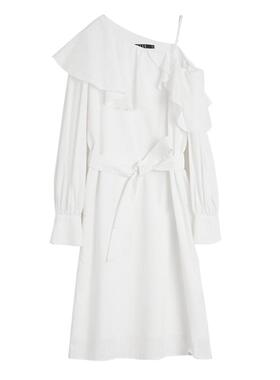 ELLE白色荷叶边提花露肩系带连衣裙女2025秋装新款气质小众裙子