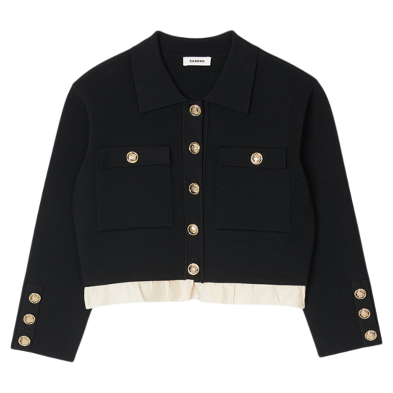 SANDRO秋冬女装法式气质时尚黑色撞色木耳边假两件短款针织外套,女装/女士精品,短外套,淘宝优惠券,粉丝福利购,淘宝优惠卷