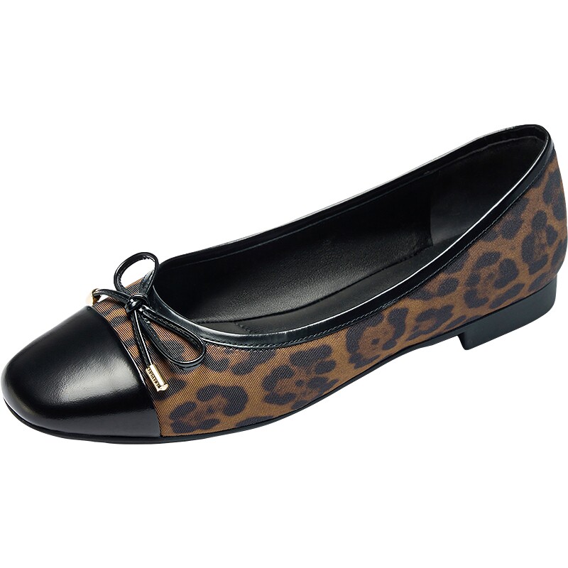 莱尔斯丹春夏新款通勤优雅蝴蝶结豹纹方头一脚蹬拼接女单鞋16208