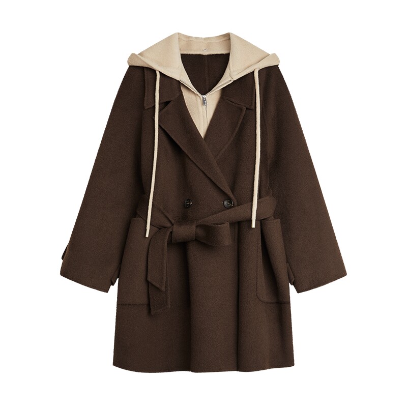 【山羊绒】ELLE假两件连帽双面呢大衣女25冬新款中长款毛呢外套