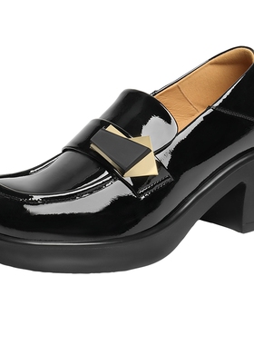 百丽女鞋粗高跟乐福鞋女春新款一脚蹬黑色小皮鞋单鞋子D7E1DAA5