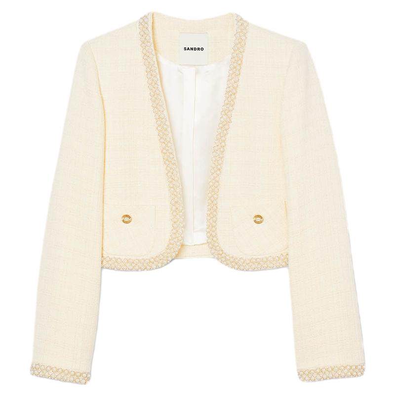 SANDRO秋冬女装法式气质优雅白色V领仿珠饰双贴袋短款花呢外套,女装/女士精品,短外套,淘宝优惠券,粉丝福利购,淘宝优惠卷