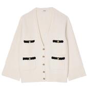 针织开衫 SANDRO秋冬女装 绵羊毛白色撞色V领短款 长袖 法式 气质时尚