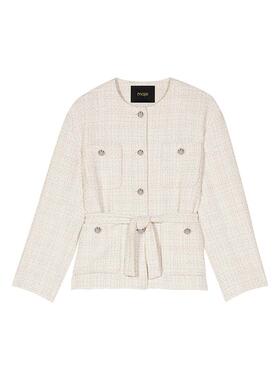 Maje2025春秋女装法式时尚淡褐色系带单排扣粗花呢圆领长袖外套