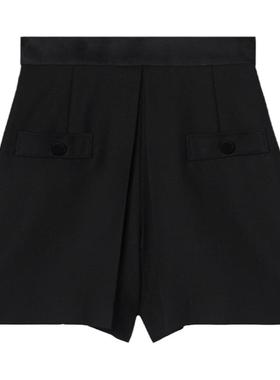 SANDRO秋冬女装法式气质时尚羊毛混纺黑色高腰褶裥阔腿修身短裤