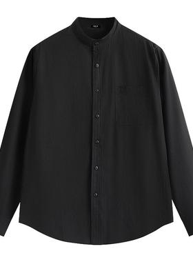 it :5cm/FIVECM男士休闲中式立领黑色衬衫男修身商务免烫衬衣长袖