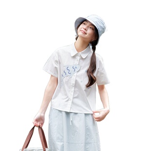 紫涵小鱼贴布刺绣短袖 女夏季 新款 甜美设计感宽松休闲纯棉上衣 衬衫