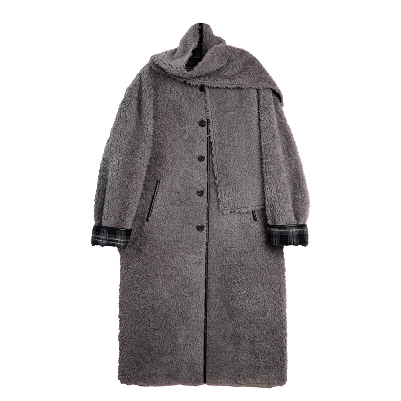 【100%绵羊毛】ELLE灰色高级感毛绒长款外套女2025冬新款休闲上衣
