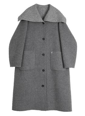 ELLE灰色绵羊毛骆驼绒双面呢大衣女2025冬新款大翻领长款毛呢外套