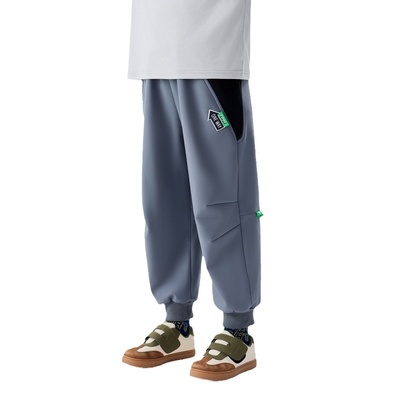 马拉丁童装儿童裤子冬新款男童大童拼接撞色加绒运动风梭织长裤