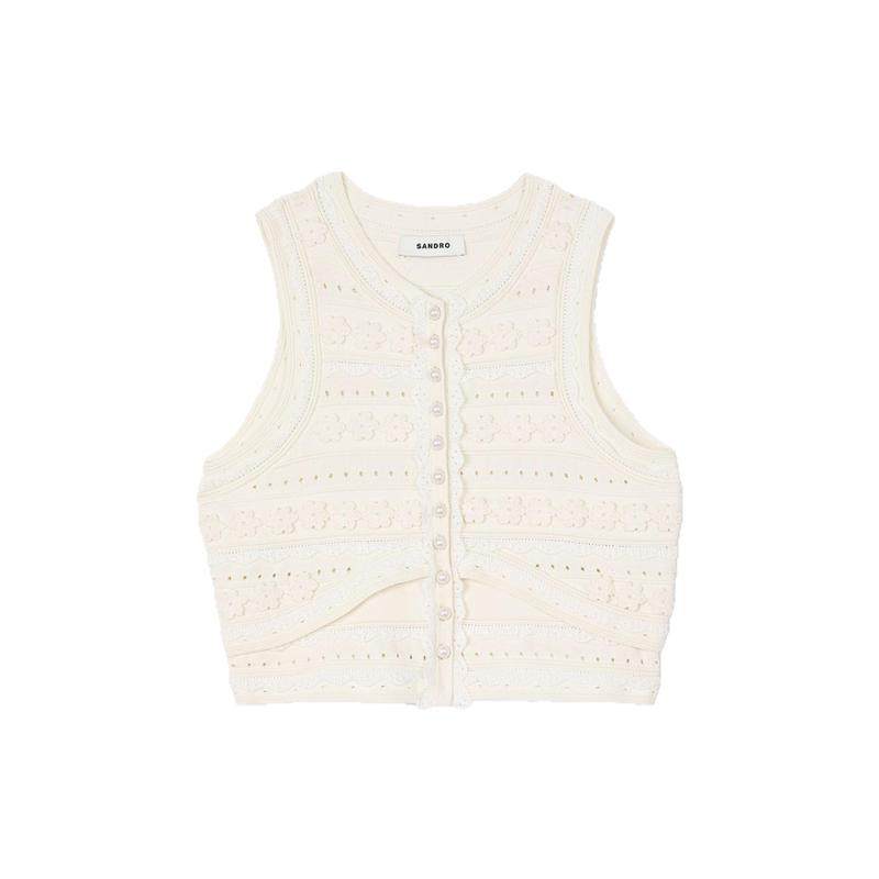 SANDRO博主同款2025春夏女装法式气质时尚立体绣花镂空针织开衫,女装/女士精品,毛针织衫,淘宝优惠券,粉丝福利购,淘宝优惠卷