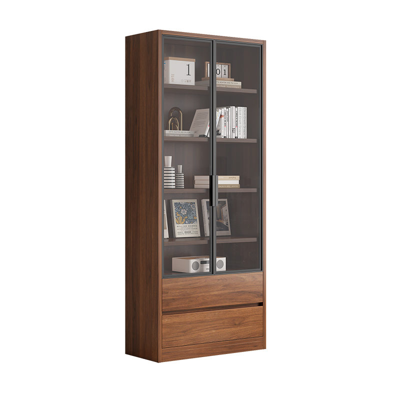 实木书柜储物柜一体家用客厅靠墙展示柜置物架带玻璃门整墙落地柜