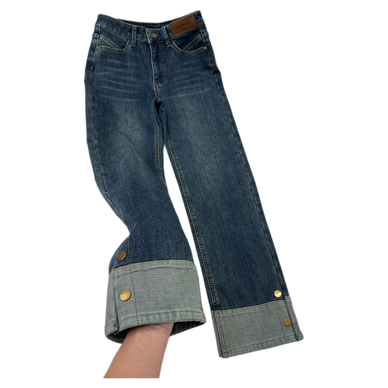 拉夏贝尔复古蓝加绒直筒牛仔裤女