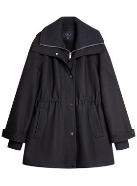 ELLE摩登双层大翻领派克服女25冬季新款加绒加厚保暖羊羔毛短外套