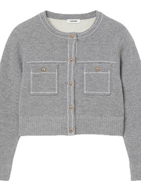 SANDRO2025秋冬新款女装迪木尔风法式绵羊毛灰色明线装饰针织开衫