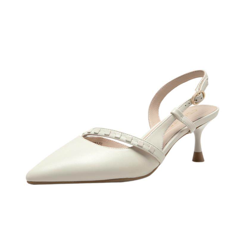 千百度夏季新款细跟凉鞋羊皮半凉高跟鞋真皮单鞋后空通勤女鞋