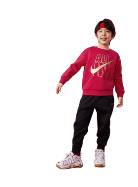 Nike 3brand男女童红色加绒套装儿童卫衣卫裤运动2件套26冬季新款