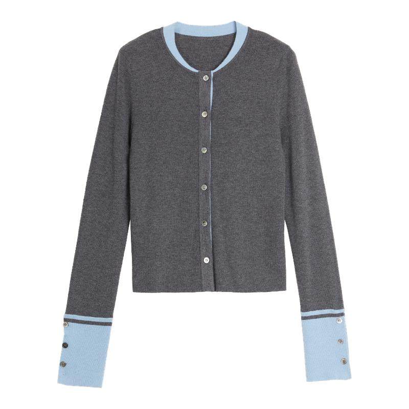 ELLE灰色绵羊毛优雅拼接毛针织衫女2025冬季新款高级感简约毛