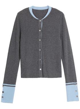 ELLE灰色绵羊毛优雅拼接毛针织衫女2025冬季新款高级感简约毛衣