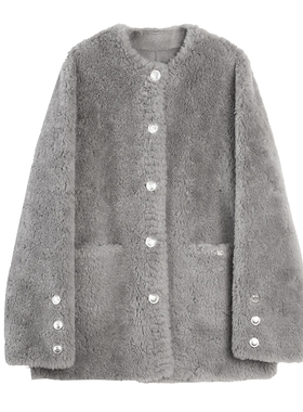 【100%绵羊毛】ELLE灰色休闲毛绒短外套女2025冬季新款羊羔毛上衣