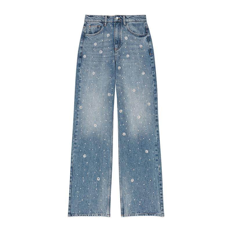 季末7折Maje2025秋冬女装法式仿珍珠装饰花朵点缀高腰直筒牛仔裤,女装/女士精品,牛仔裤,淘宝优惠券,粉丝福利购,淘宝优惠卷