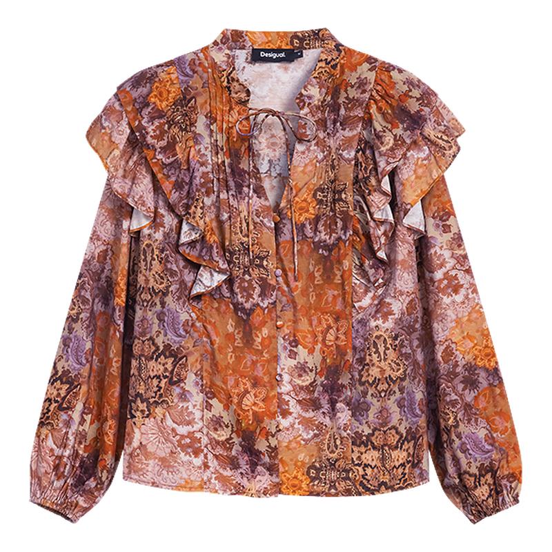 Desigual25秋冬新品荷叶边印花系带女士衬衫