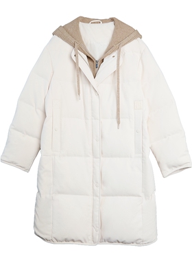 ELLE90白鸭绒撞色连帽中长款羽绒服女2025冬季新款加厚保暖外套