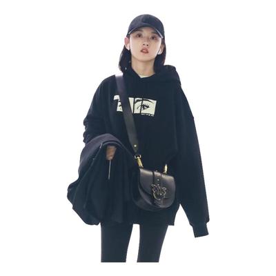 BM卫衣女2026新款冬季印花连帽黑色显瘦美式复古宽松百搭套头卫衣