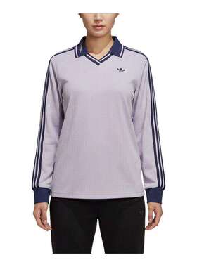 adidas阿迪达斯三叶草V领紫色T恤2026春女长袖翻领POLO衫 KY5733