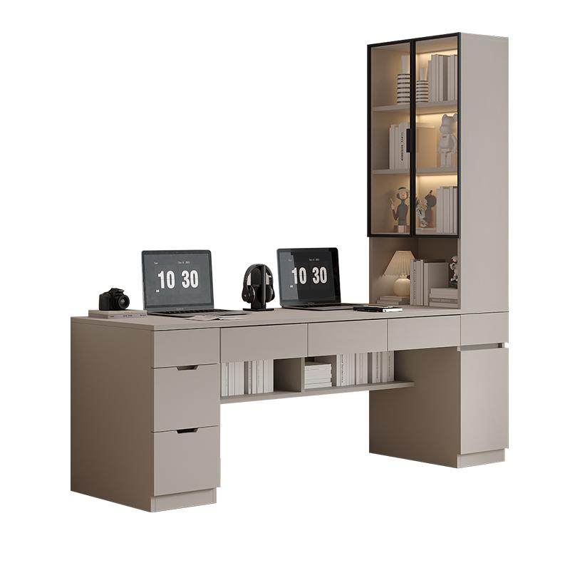 实木电脑桌台式现代简约书桌书柜一体家用儿童双人写字桌可定制