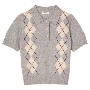 针织衫 提花嵌花工艺菱格图案POLO领短袖 女装 SANDRO2025秋冬新款