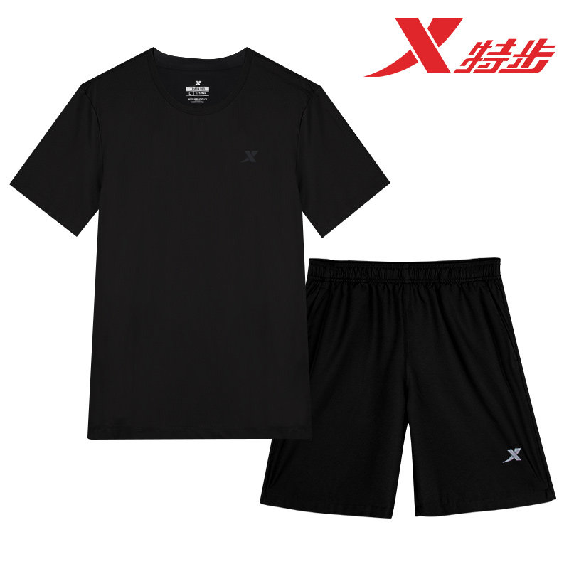 特步跑步运动套装男冰丝夏季短袖速干衣官方正品透气健身房训练服