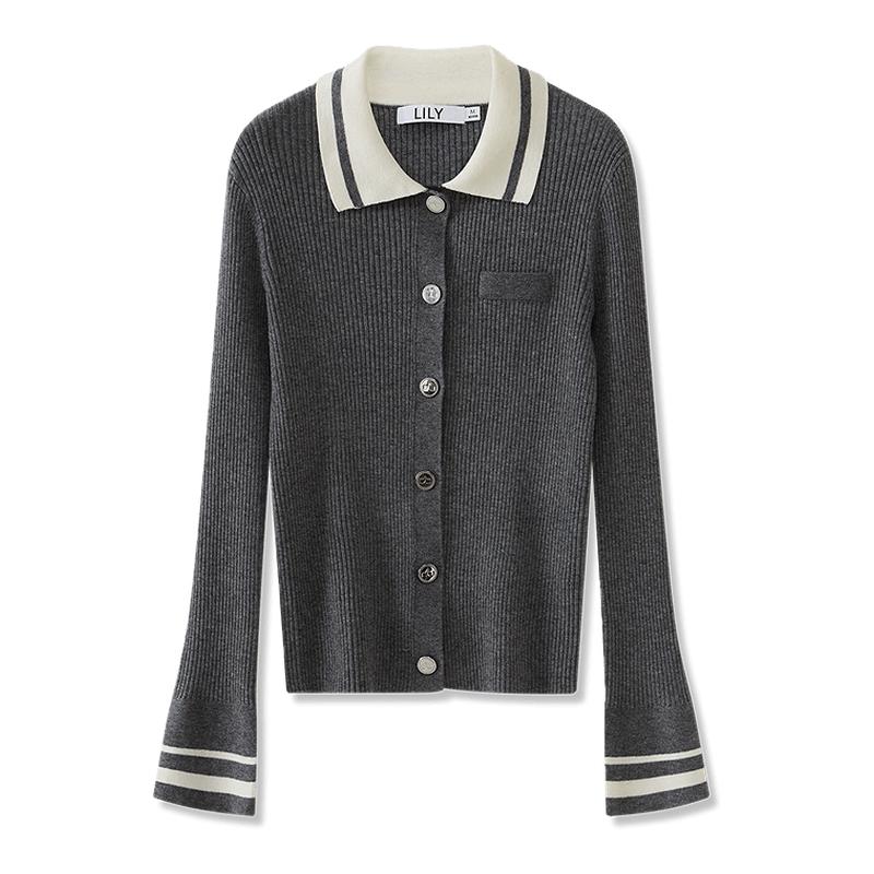 LILY通勤撞色显瘦绵羊毛针织开衫
