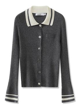 LILY2025新款绵羊毛混纺撞色修身显瘦休闲通勤针织开衫短外套女