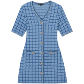 时尚 线上限定Maje2025秋冬女装 法式 花呢蓝色单排扣V领收腰连衣裙